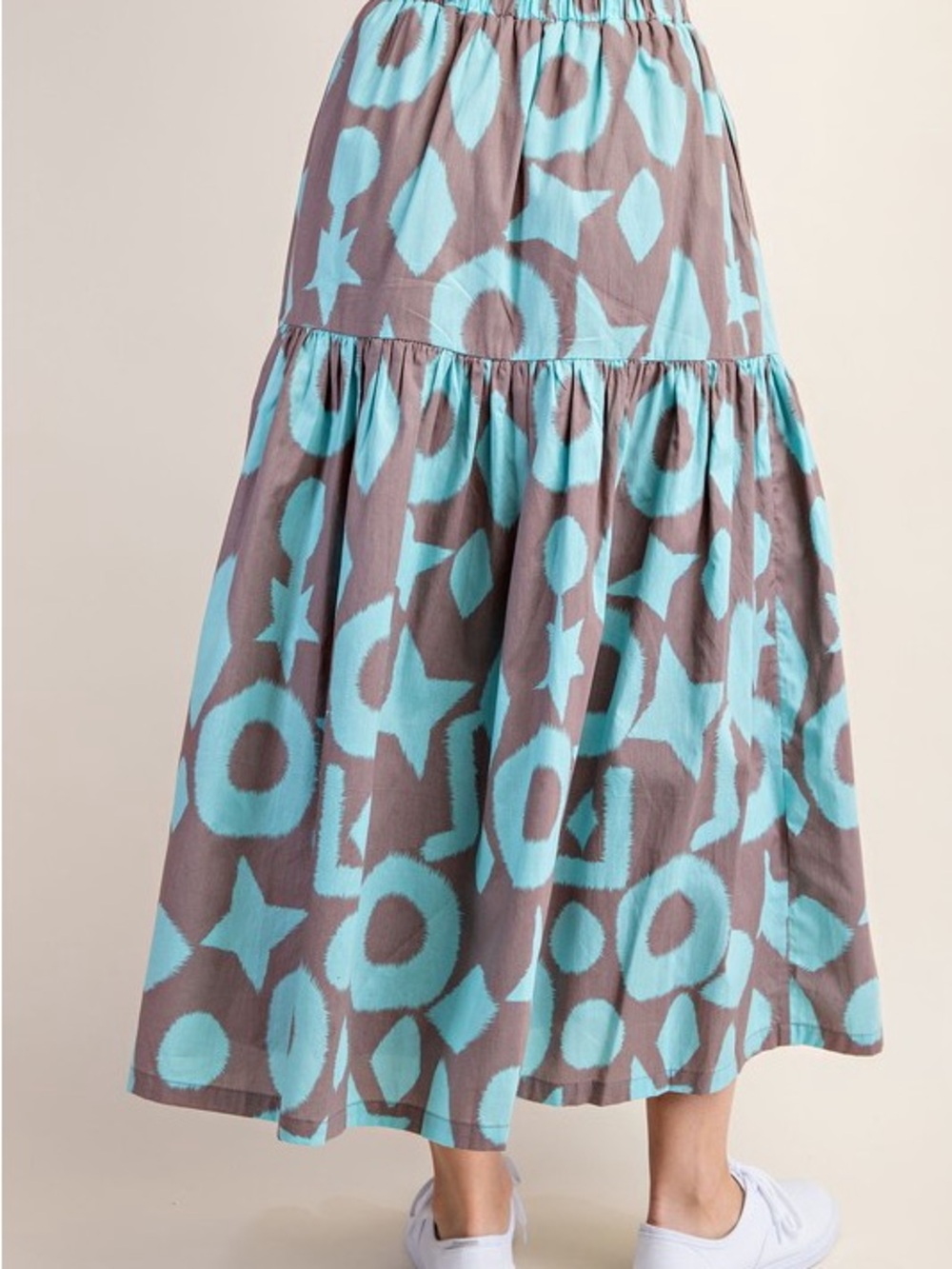 Boutique Geometric Print Tiered Maxi Skirt Taupe Turquoise Boho Resort S - Picture 3 of 4